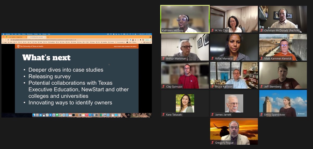 IC2Institute's tweet photo. FRP Awardees @kathleeno, @irischyi, and Christian McDonald share their funded research proposal and plans on “Building Rural Journalism: Leadership &amp; Training.” IC2 catalyzes #research across the @UTAustin campus to better understand and support small #communities.

@UTexasMoody https://t.co/3RPyTgapJD
