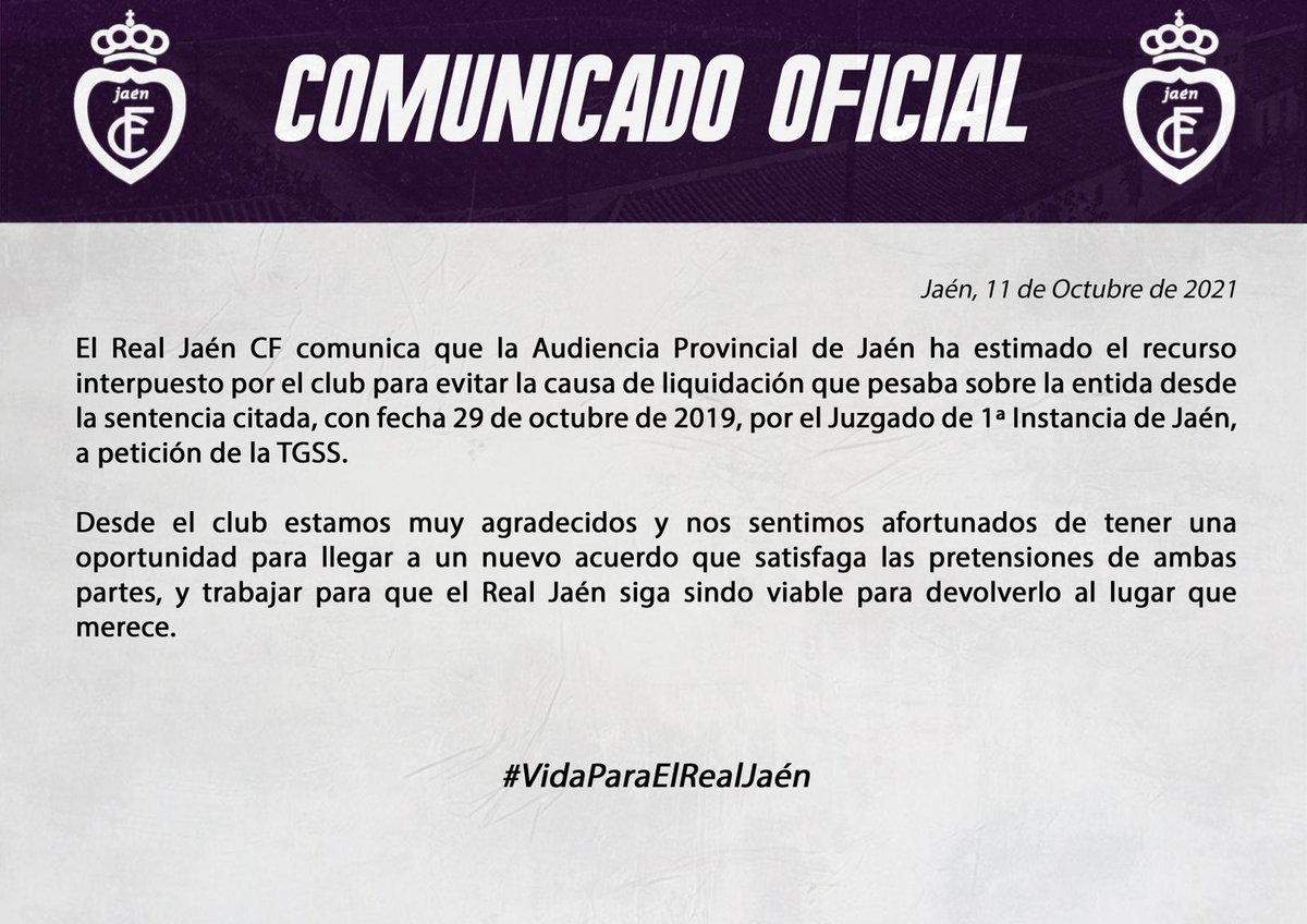 RealJaenCF's tweet photo. ℹ️ COMUNICADO OFICIAL | La Audiencia Provincial estima el recurso interpuesto por el Real Jaén para evitar la causa de liquidación que pesaba sobre la entidad.

#VidaParaElRealJaén 
#CaminoAlCentenario https://t.co/NJ16ajKybJ