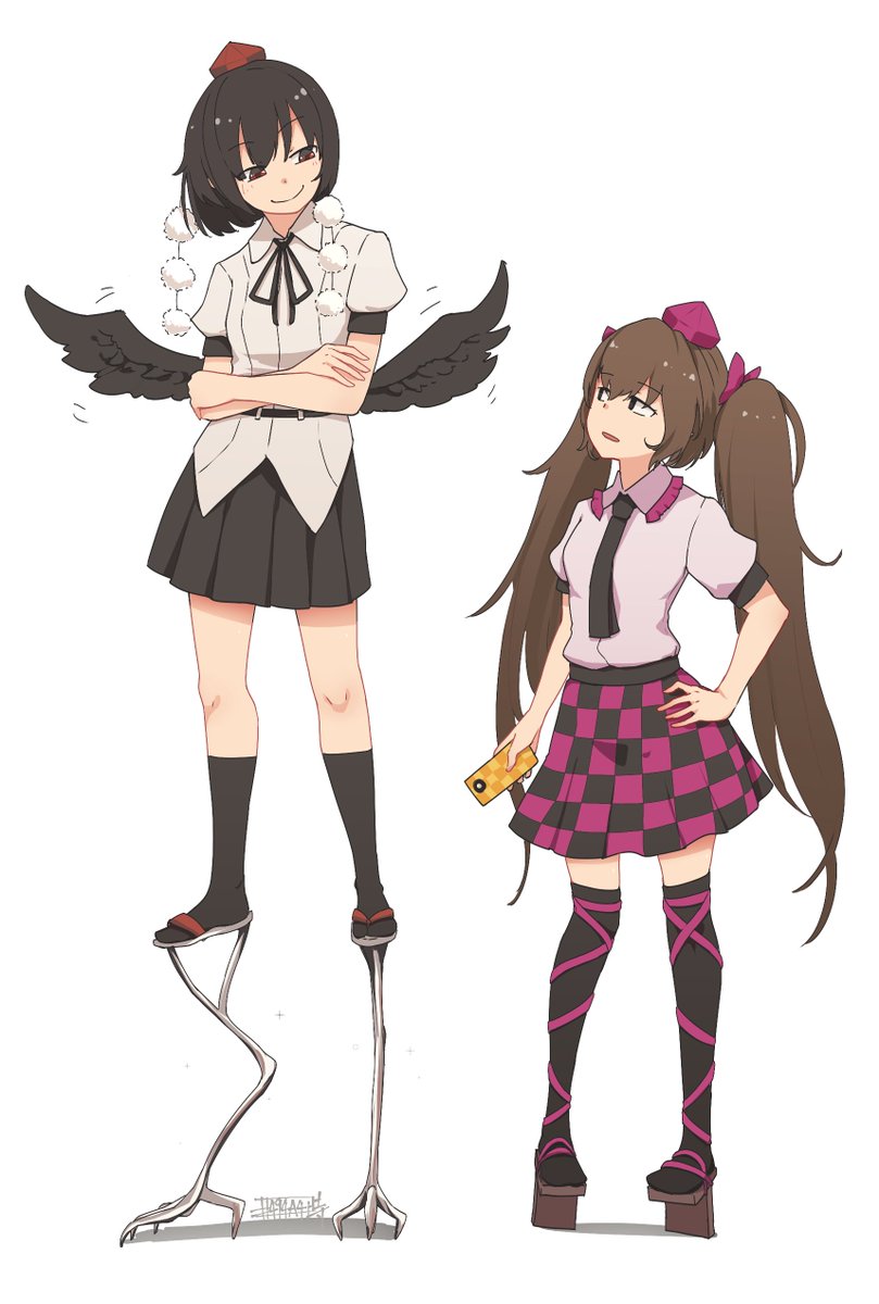 himekaidou hatate ,shameimaru aya multiple girls 2girls skirt tokin hat hat wings geta  illustration images