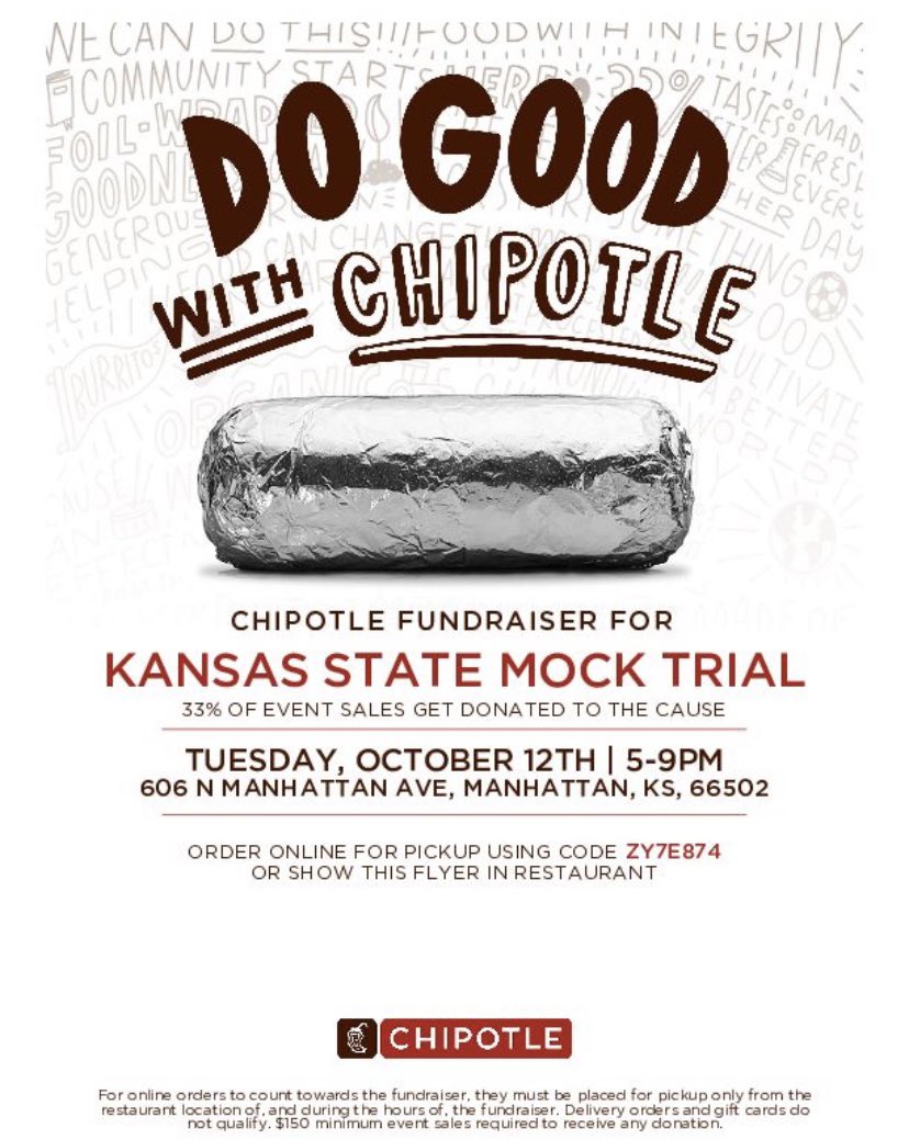 Join us 10/12 for Chipotle in order to support our club funds! Proceeds go directly to the club to help fund our travel activities. We hope to see you there and thank you for your support. 😁  #mocktrial #chipotle #fundraiser <a href="/KStatePreLaw/">K-State Pre-Law</a>