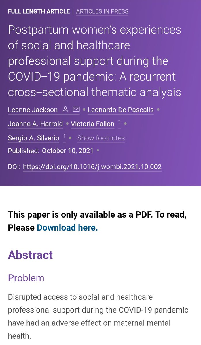 We are pleased to share the pre-proof for our most recent qualitative PRAM study! We find that reconfigured healthcare and reduced social contact during initial phases of the COVID-19 pandemic have had a cumulative, negative impact on maternal wellbeing: womenandbirth.org/article/S1871-…