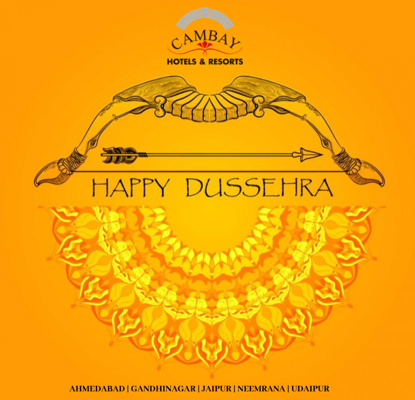 Cambay's tweet photo. On this special and #auspicious day of #Dussehra, as we all celebrate valour and courage, the triumph of good over evil. 

We, at #CambayHotels, wish you success and happiness in everything you do. #HappyDussehra!

#Dusshera2021 #Greetings #Vijaydashami2021 #CambayGroup https://t.co/kdd8HGDQ7C