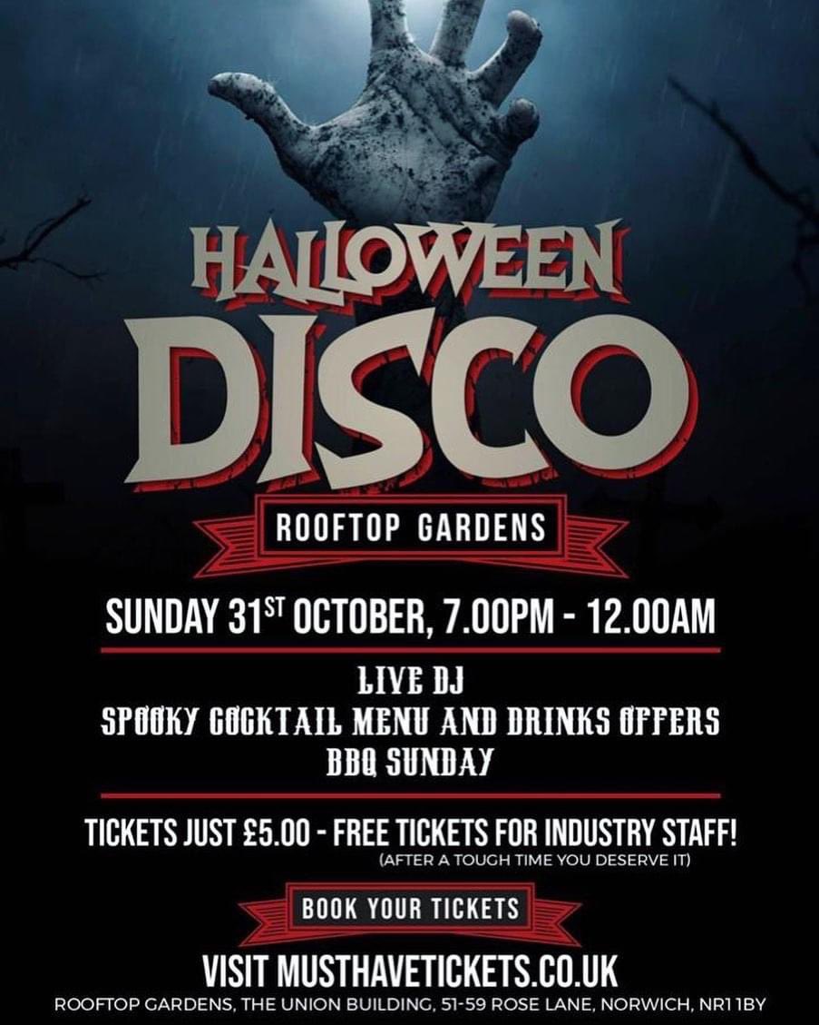 HALLOWEEN 🎃 👻💀!.
.
Bought to you by our good friends at Select Events we will be hosting a Halloween party on Sunday the 31st of October! Head over to musthavetickets.co.uk now 👻.
 #halloweenparty #happyhalloween #rooftop #rooftopgardensnorwich #rooftopparty #norwich