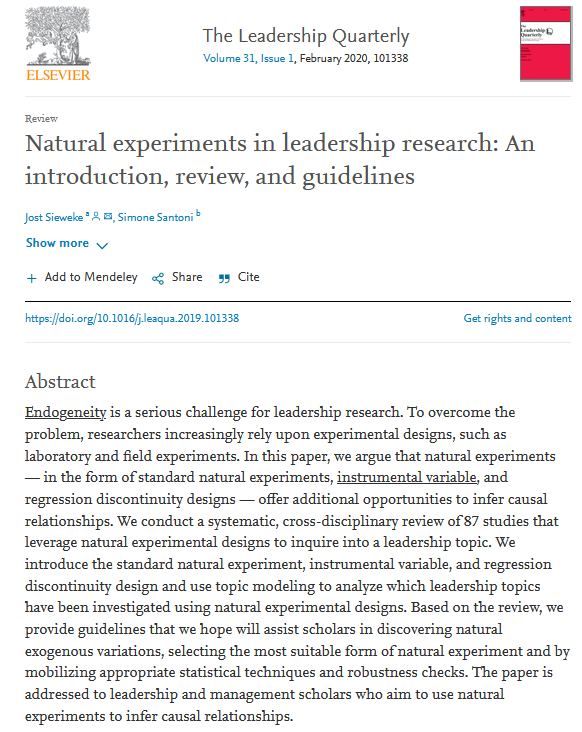 Given today's #NobelPrize announcement in economics, for those who need a refresher on what 'Natural Experiments' are and how they can be useful in social science research, see: 

doi.org/10.1016/j.leaq…

#NaturalExperiments