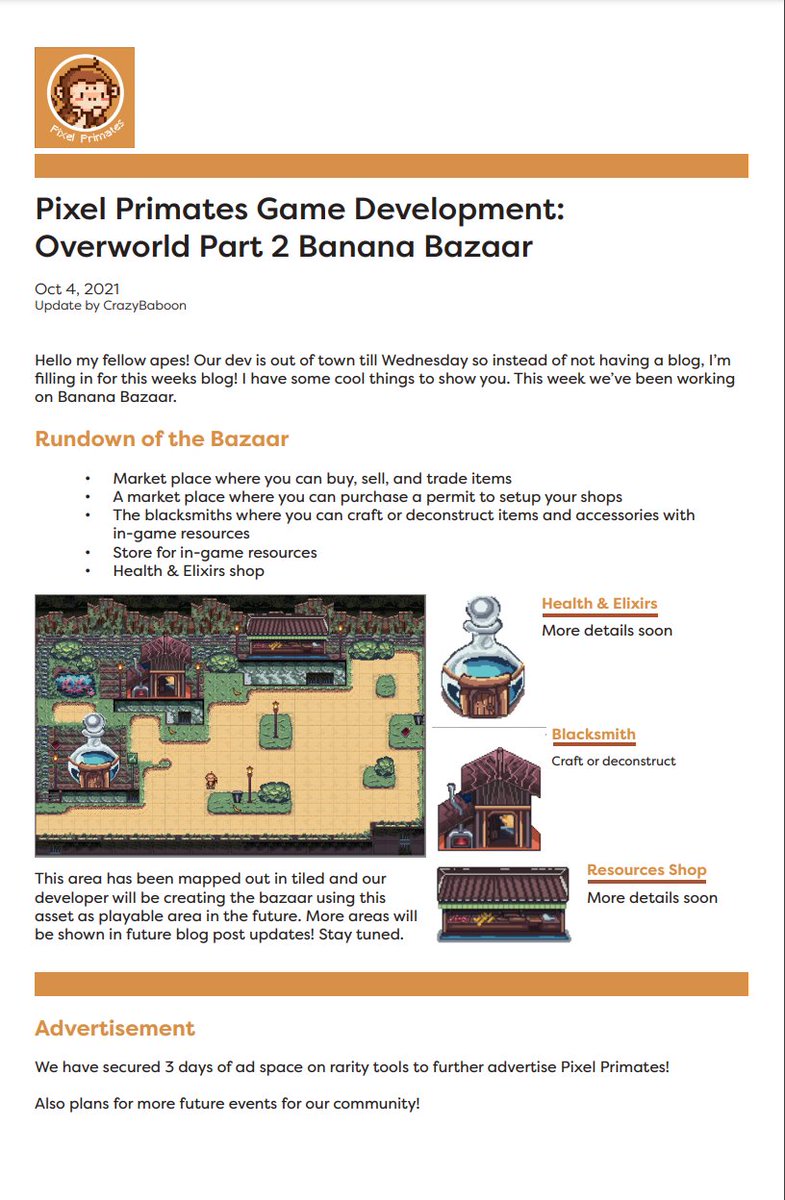 NFTAgenda_io's tweet photo. The @pixelprimatesio team, started with game development. Right now, they're focusing on Primates Bazaar, where players will be able to trade their items.

Check it out: https://t.co/NHZb0Ud6Je ⚡️

Game is in progress ⭐️

 #NFTart #Nftcollector https://t.co/XojvXYTeYF