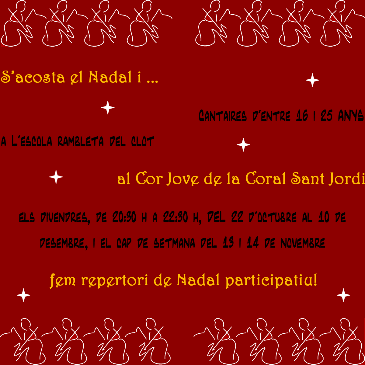 corjovestjordi's tweet photo. S'acosta el Nadal i... al Cor Jove de la Coral Sant Jordi, fem repertori de Nadal participatiu! Per a més informació, restem atents/es a qualsevol consulta! 

#corjovestjordi #esquitxespurna #coralsantjordi #coralsjovescat #cantcoral #nadales #repertoriparticipatiu #vineacantar https://t.co/HwSORIOyY4
