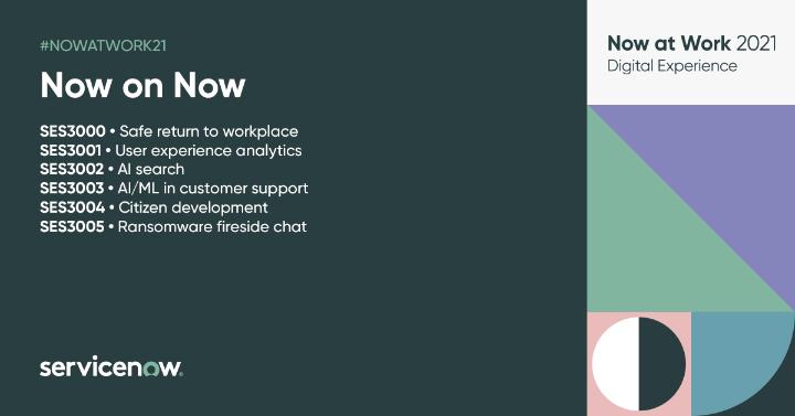 lboehm1's tweet photo. We are fired up!  Join us at #NowatWork21 to hear #NowonNow practitioners share their stories on how @ServiceNow uses its products internally to automate processes and drive productivity and satisfaction.  Find our sessions at: https://t.co/5PwHGRQjVq https://t.co/08GoBlUuTB