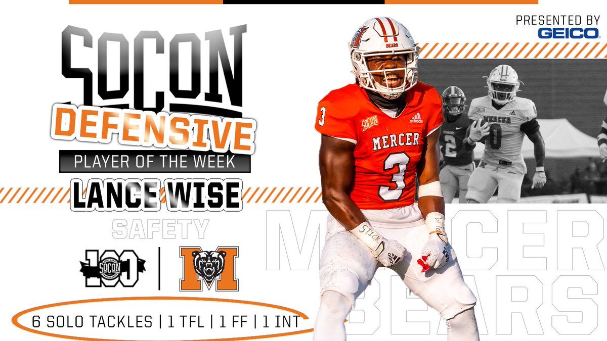 SoConSports's tweet photo. 𝙇𝙖𝙣𝙘𝙚 𝙒𝙞𝙨𝙚  is the #SoConFB 𝙙𝙚𝙛𝙚𝙣𝙨𝙞𝙫𝙚 player of the week presented by @GEICO ⬇️

He did everything...
6️⃣ solo tackles
1️⃣ TFL
1️⃣ Forced fumble
1️⃣ interception for 56 yards

📰https://t.co/onbI2Q7N1i

#SoConFB🏈 x @MercerFootball https://t.co/c6catDruTm