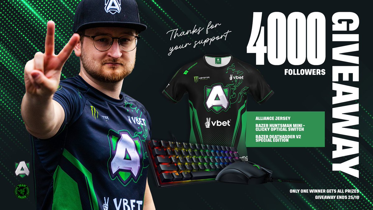 luckeRRR_'s tweet photo. Reaching 4k followers is a great step!
To thank you all, we prepared a sweet giveaway with great prizes at stake 😍

To participate you need to:
- Follow @theAllianceGG &amp; @TeamRazer 
- RT &amp; Like this tweet
- Follow me here

Ends 25/10 📅
Good luck everyone 🍀 https://t.co/mkw3oIE8QI