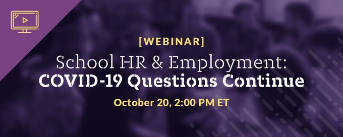 FrontlineEdu's tweet photo. Education leaders hoped that this school year would see a return to employment normalcy. But COVID-19 continues to raise difficult HR legal questions.

In this webinar, @JohnComegno provides practical suggestions for district HR leaders. Sign up here: https://t.co/qfjwozAclc https://t.co/3Vi6lvV8MZ