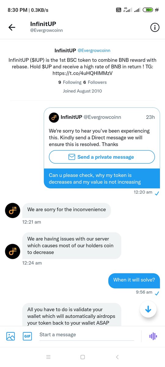 AfzalImamKhan4's tweet image. @CoinMarketCap why you listed #InfinitUp ,because they all are scammer , 
I have buy 40000000 coin , day day coming is decreasing, now I have only 11870 coin . when we contact to them ,they told me to put BNB , I HAVE proof