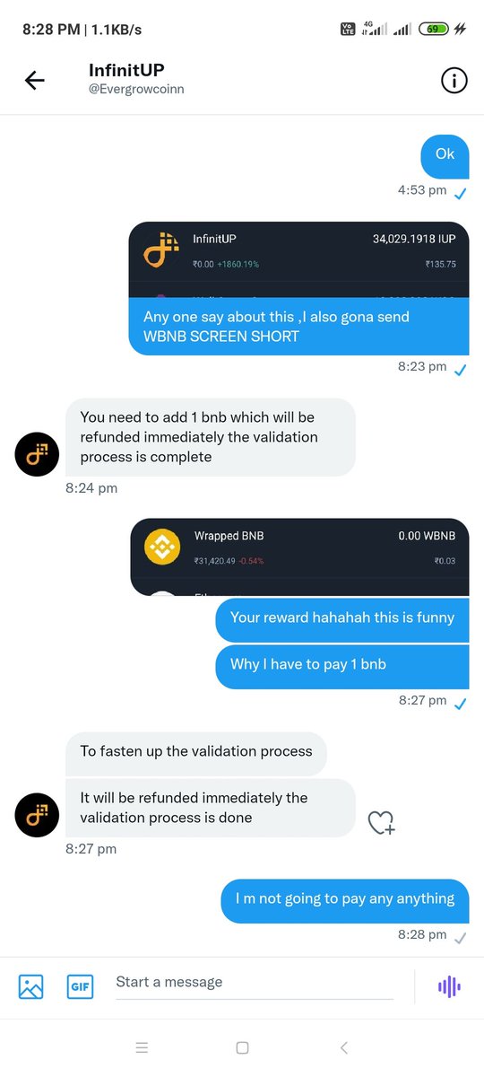 AfzalImamKhan4's tweet image. @CoinMarketCap why you listed #InfinitUp ,because they all are scammer , 
I have buy 40000000 coin , day day coming is decreasing, now I have only 11870 coin . when we contact to them ,they told me to put BNB , I HAVE proof