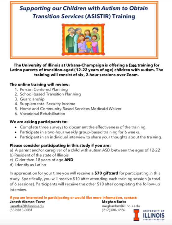IllinoisLEND's tweet photo. Check out this flyer about a free training for Latino parents of children with autism in the transition age (12 to 22 years old). The training will consist of 6 2-hour sessions on Zoom. The training will be offered in English and Spanish. Contact information on flier! https://t.co/StZkPxRo2e
