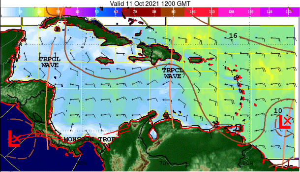RudyMeteo's tweet photo. La vigoureuse onde tropicale surveillée par le NHC génère des précipitations modérées à fortes sur la partie Est de l’île cet après-midi. Elle ne devrait pas s’intensifier sur la mer des Antilles en raison du cisaillement assez fort sur la région et la proximité des terres. https://t.co/HTEDfqgcWB
