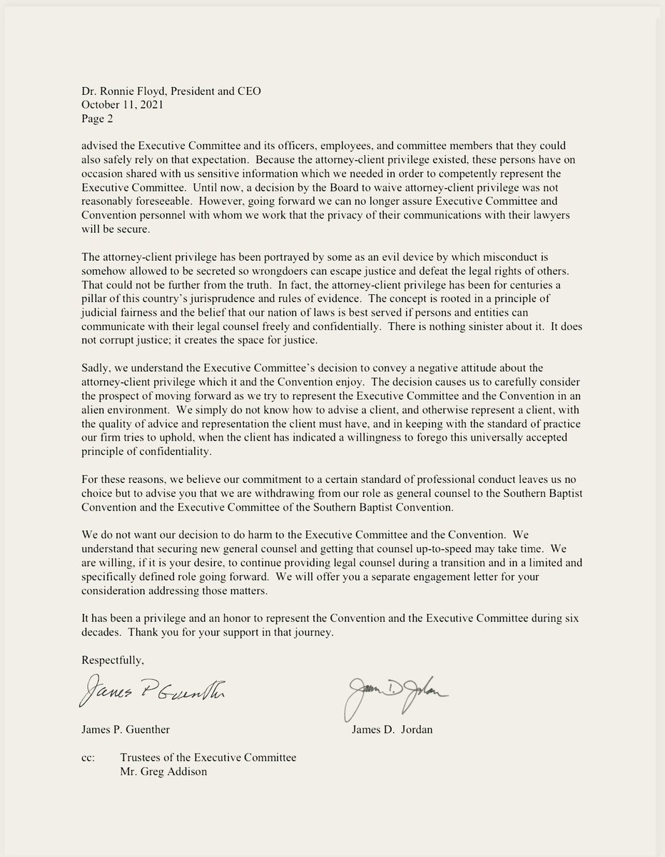 reachjulieroys's tweet photo. This by way of @BaptistBlogger... Now that the @SBCExecComm has waived attorney-client privilege, the committee's attorney are dropping them as clients. This seems odd, given that attorney-client privilege is a "client's right," not an attorney's right (Black's Law Dictionary). https://t.co/FW1BwGnYs1