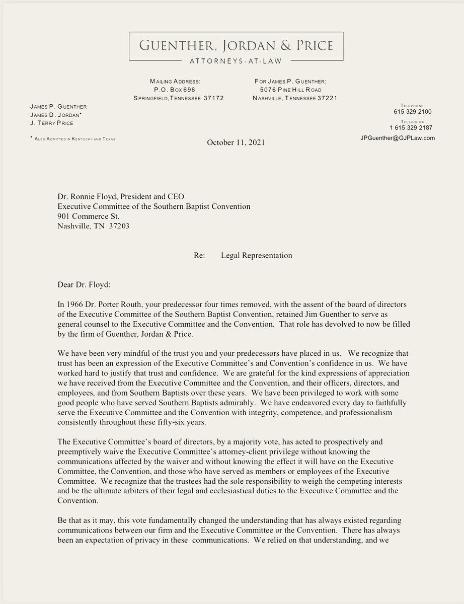 reachjulieroys's tweet photo. This by way of @BaptistBlogger... Now that the @SBCExecComm has waived attorney-client privilege, the committee's attorney are dropping them as clients. This seems odd, given that attorney-client privilege is a "client's right," not an attorney's right (Black's Law Dictionary). https://t.co/FW1BwGnYs1