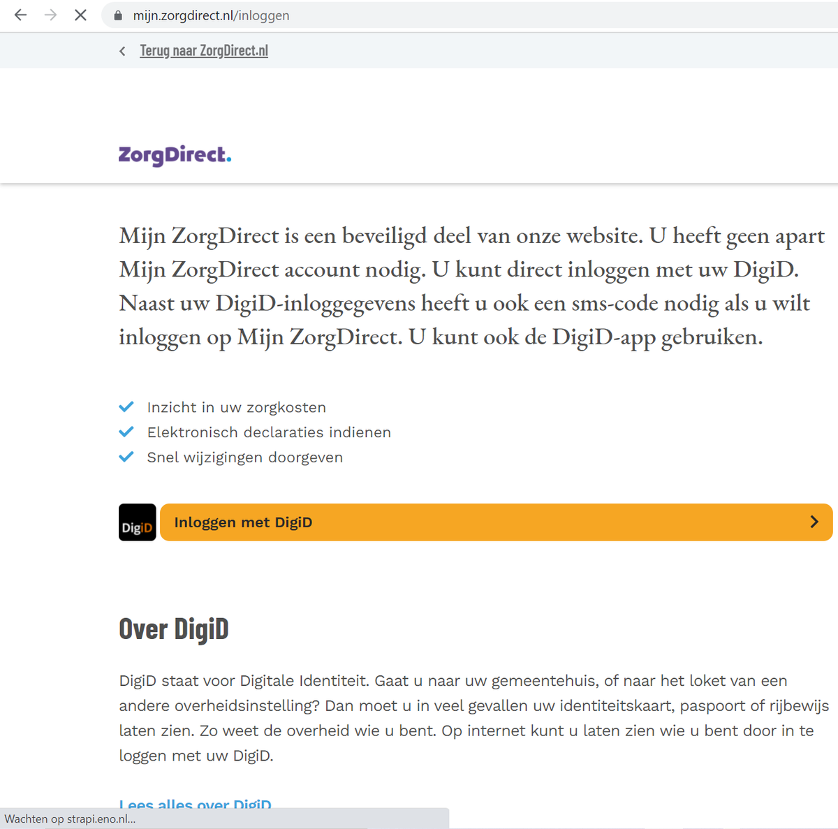 RobertJelle's tweet photo. @zorgdirect hij blijft hangen na het klikken op 'Inloggen met DigiD', zie screenshot. Geprobeerd op verschillende telefoons en computers. Op andere sites inloggen met DigiD werkt wel. https://t.co/JVxp1DpHcn