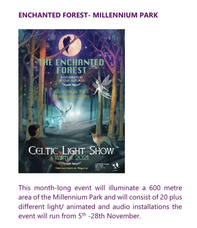 Thanks to <a href="/Fingalcoco/">Fingal County Council</a> for exploring options for an illuminated trail in Dublin 15, something which I brought forward last year as a motion💫 This looks fantastic and I look forward to attending! 
Well done <a href="/EVENTSinFingal/">Events in Fingal</a>