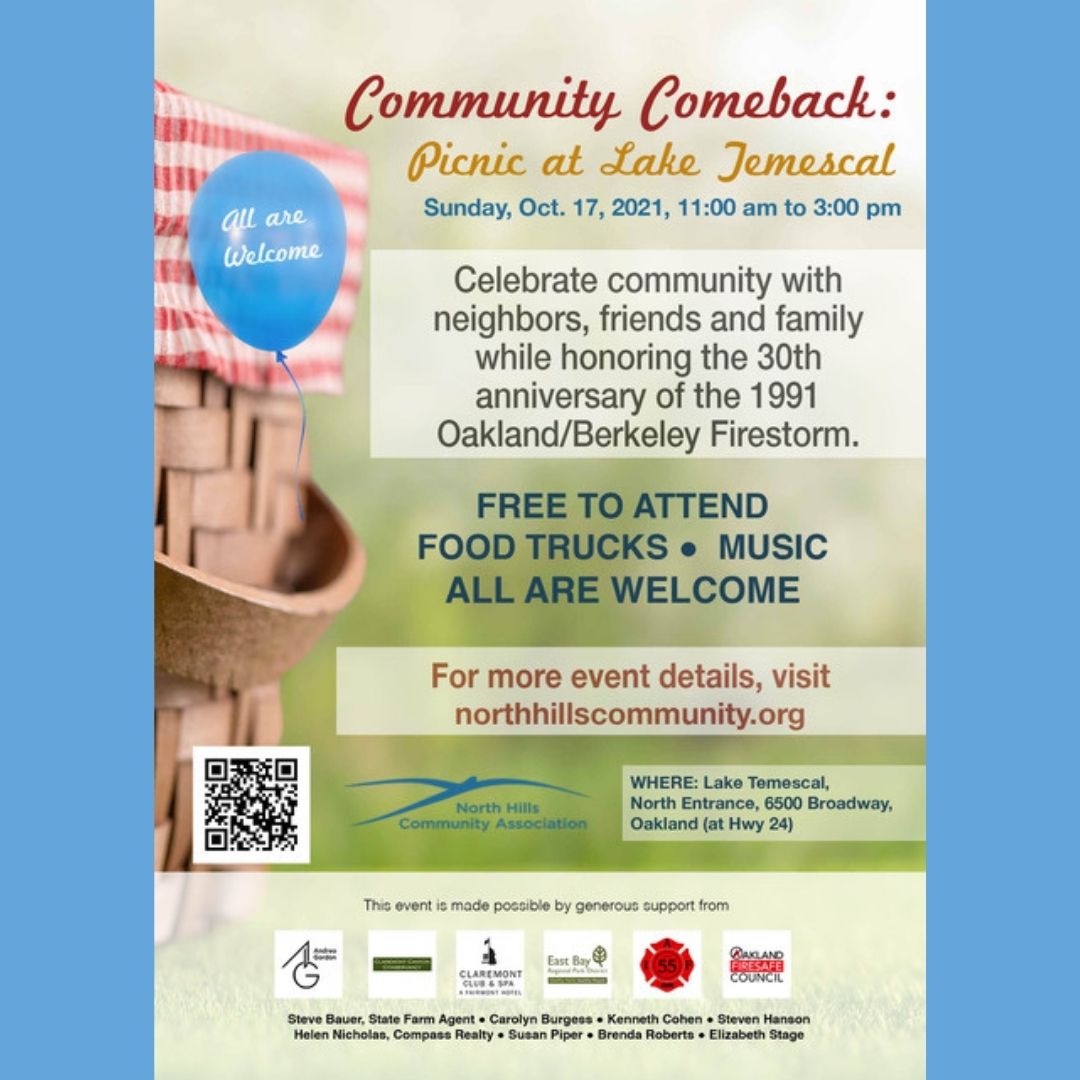 NHillsCommunity's tweet photo. We’re less than a week away from Picnic Fun &amp; Food Trucks - Firetrucks - Dog Costume Contest - Tribute to those lost in the 1991 Oakland/Berkeley Firestorm - Live music - All are welcome Sunday 10/17: Community Comeback Picnic at Late Temescal fr 11a-3p. https://t.co/mMAmLeWtnB https://t.co/A9zZamAp4H