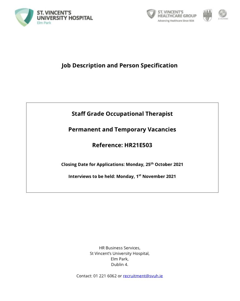 SVUH Occupational Therapy Dept (@ot_svuh) on Twitter photo Exciting new opportunity for Permanent Staff Grade Occupational Therapists to join our team in <a href="/svuh/">St Vincent's University Hospital (SVUH)</a> Click the below link or visit SVUH.ie for more information svhg.recruitment.zellis.com/wrl/pages/vaca… #OT #jobfairy Exciting new opportunity for Permanent Staff Grade Occupational Therapists to join our team in <a href="/svuh/">St Vincent's University Hospital (SVUH)</a> Click the below link or visit SVUH.ie for more information svhg.recruitment.zellis.com/wrl/pages/vaca… #OT #jobfairy