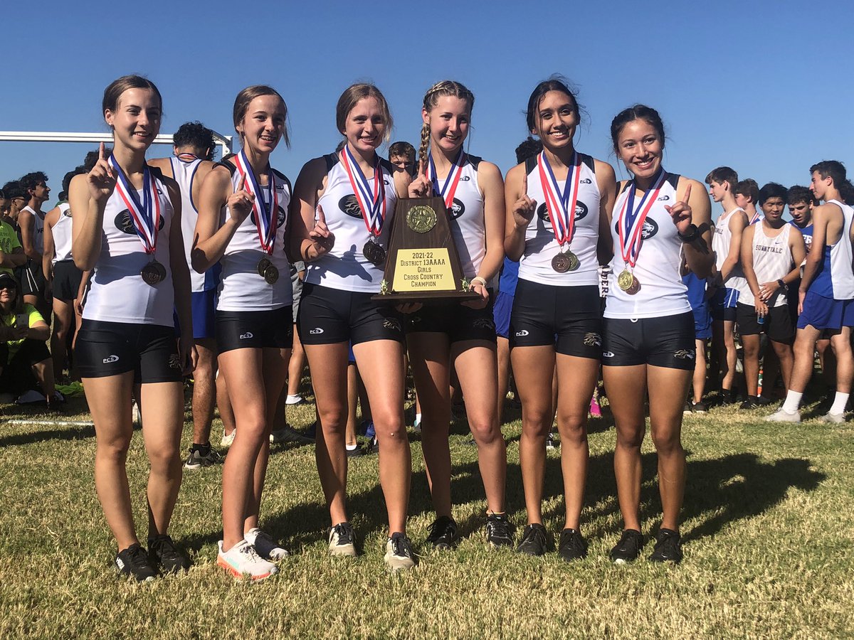 XcKaufman's tweet photo. The Varsity Girls XC team are the District 13-4A Champions! This marks the 14th consecutive year of winning the District title! Katie Tucker (1st), Barbi Ruiz (3rd), Joselyne Sanchez (4th), Madi Thurston (5th), Kadence Wolfe (6th), and Molly Burleson (10th) all earned medals!🏆🦁 https://t.co/DuOv0ahoJ7