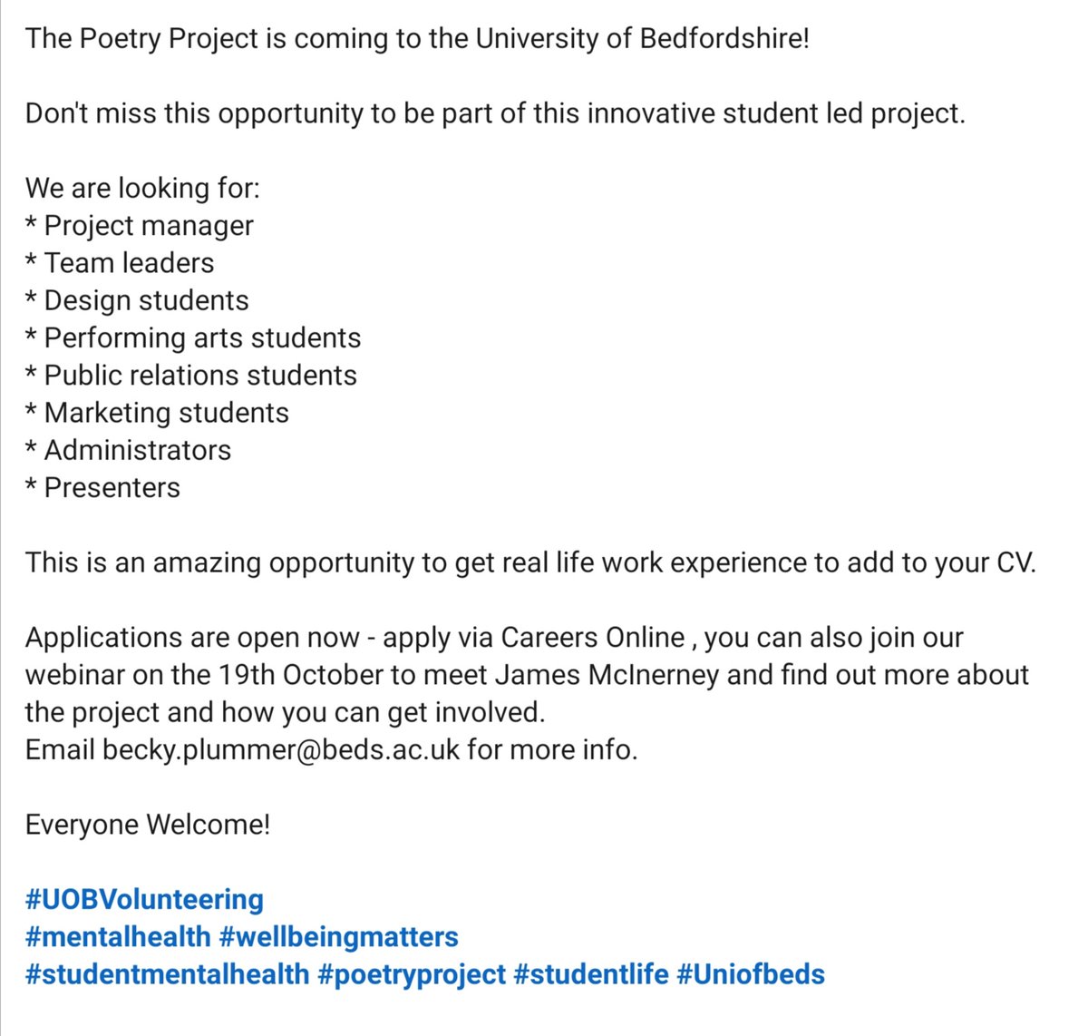 The Poetry Project is heading to the University of Bedfordshire! I am honoured and excited to be hosting a webinar this October! @MillsMc07 @uniofbedsnews @uniofbeds #universityofbedfordshire