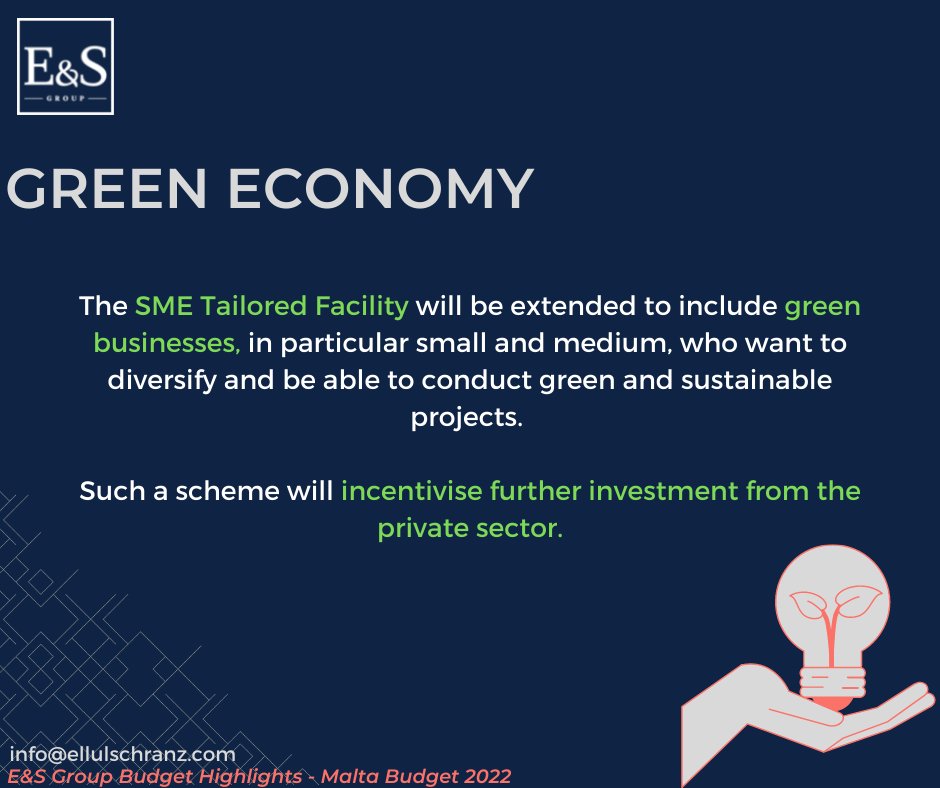 EllulSchranz's tweet photo. Main Budget Highlights: Green Economy! 

#esgroup #solutionproviders #Budget2022🇲🇹 https://t.co/mPDV3vPxql