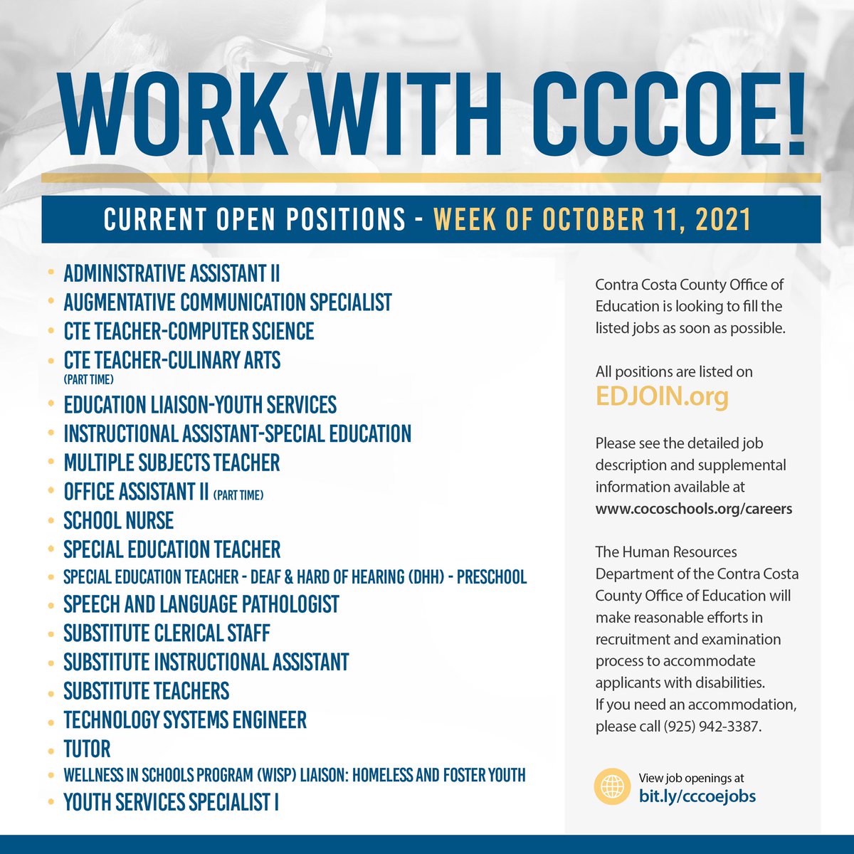 CoCoSchools's tweet image. Work for Contra Costa County Office of Education (CCCOE)! 

Below is a list of current open positions for CCCOE for the week of October 11, 2021.