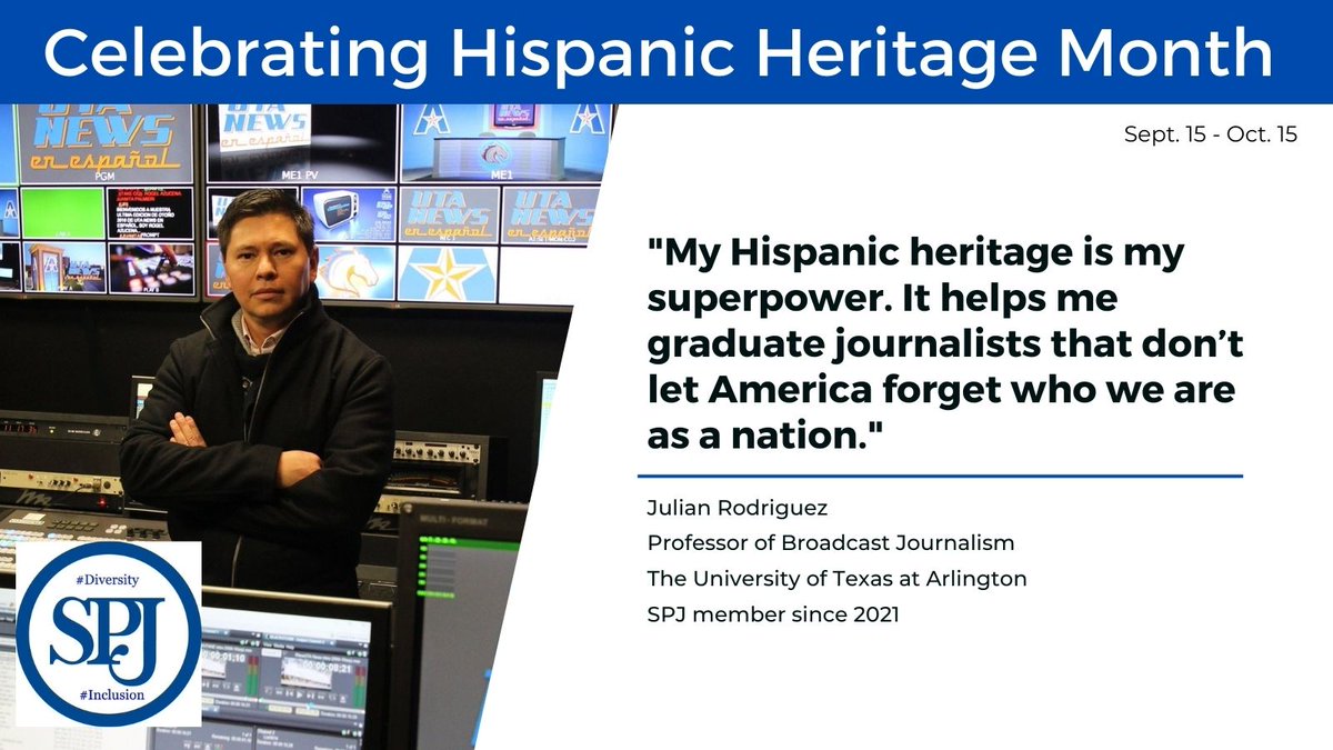Celebrating #HispanicHeritageMonth. <a href="/JRodMedia/">Julian Rodriguez</a> 
is a broadcast journalism professor <a href="/UTArlington/">The University of Texas at Arlington</a>. We are proud he is a member of the Society of Professional Journalists. #HispanicHeritageMonth2021 #SPJstrong