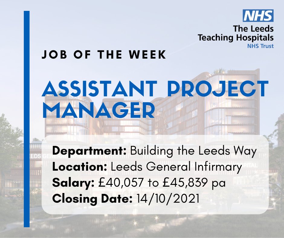 LeedsHospitals's tweet photo. How would you like to be part of one of the biggest and most exciting investment programmes in Leeds and across the wider region? We’re recruiting an Assistant Project Manager in our #BuildingtheLeedsWay team!
Find out more and apply here: https://t.co/PgJhr1b6K2 https://t.co/hH86F9JAO6