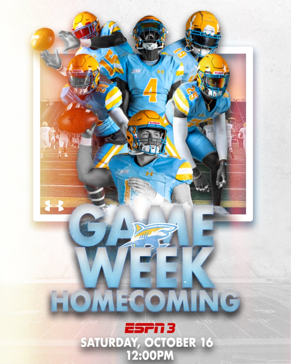 LIUSharksFB's tweet photo. IT'S HOMECOMING FOR THE SHARKS THIS WEEK!

🦈🏈Saturday, October 16
🆚 Merrimack College
⏰ 12 p.m. ET
🏟️ Bethpage Federal Credit Union Stadium, Brookville, NY.
📺 https://t.co/pkeWDKNuu2
#PostBoyz #NECFB https://t.co/TgVLPkhtyO