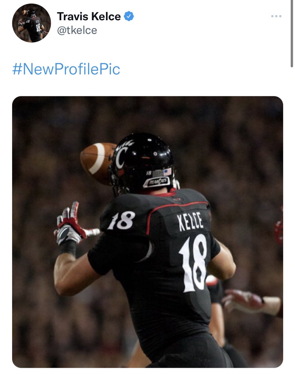 UCUniforms's tweet photo. Travis Kelce started a movement of former #Bearcats players changing their Twitter profile pictures to pictures of them at UC and it is AWESOME https://t.co/zfWgHGENjd