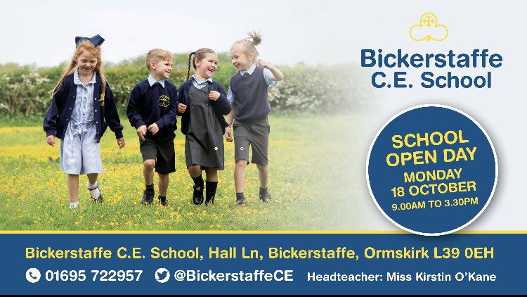 📣 Do you know anyone who needs a primary school place for September 2022? Why not recommend our school, Bickerstaffe CE Primary School! Open Day Monday 18th October 9.00-3.30! 🏫