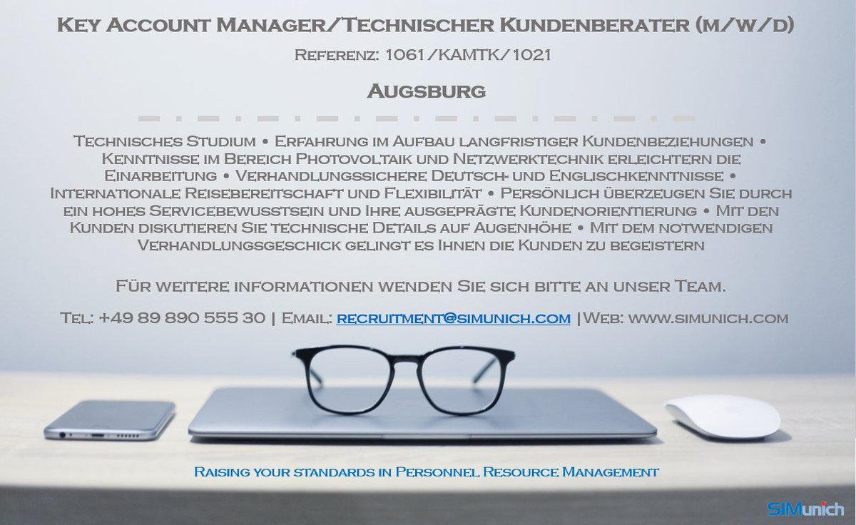 Unser Kunde sucht ein Key Account Manager/Technischer Kundenberater (m/w/d) für Standort Augsburg. Vollständige Informationen auf unserer Website: simunich.com/job/key-accoun… - #KeyAccountManager #TechnischerKundenberater #Augsburg #SIMunich