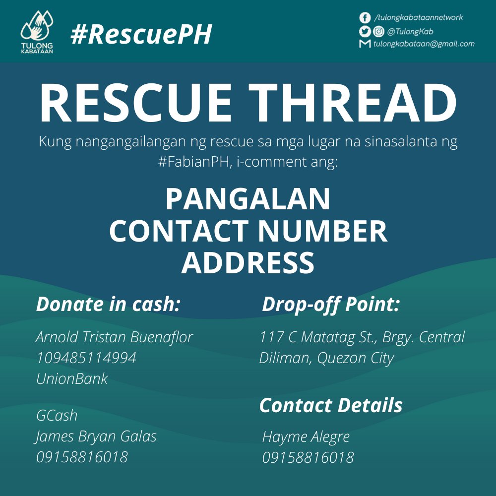 #RescuePH THREAD

Kung nangangailangan ng agarang tulong dulot ng #MaringPH, mangyaring i-comment ang:

PANGALAN
CONTACT NUMBER
ADDRESS

Contact Person: Hayme Alegre
09158816018

Para sa mga in-kind donations, ipadala sa:
117 C Matatag St., Brgy. Central, Diliman, Quezon City