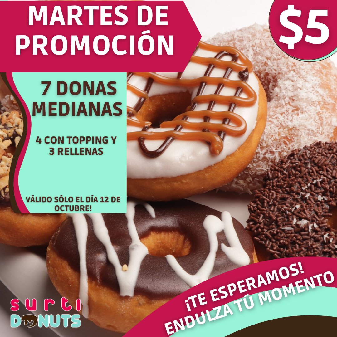 SurtiDonuts's tweet photo. Seguimos con nuestras Surti promociones, para que disfrutes acompañado 🍩😀
7 donas medianas (4 con topping y 3 rellenas)
Disponible el dia martes 12 de octubre en nuestra dos sedes
📲 Contactanos para servicio delivery 04126095695🛍️🛵
#endulzatumomento #donuts #Promocion https://t.co/GBdRqLYQ4y