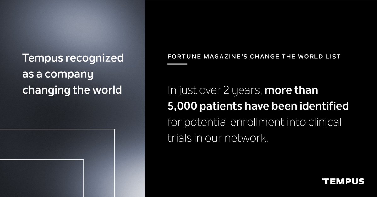 We're excited that Tempus is included on <a href="/FortuneMagazine/">FORTUNE</a> #changetheworld list, for having a positive social impact with our TIME Trial Program, which brings the right #clinicaltrials to the right patients at a location close to home. Read more: tempus.co/3v5a0fI