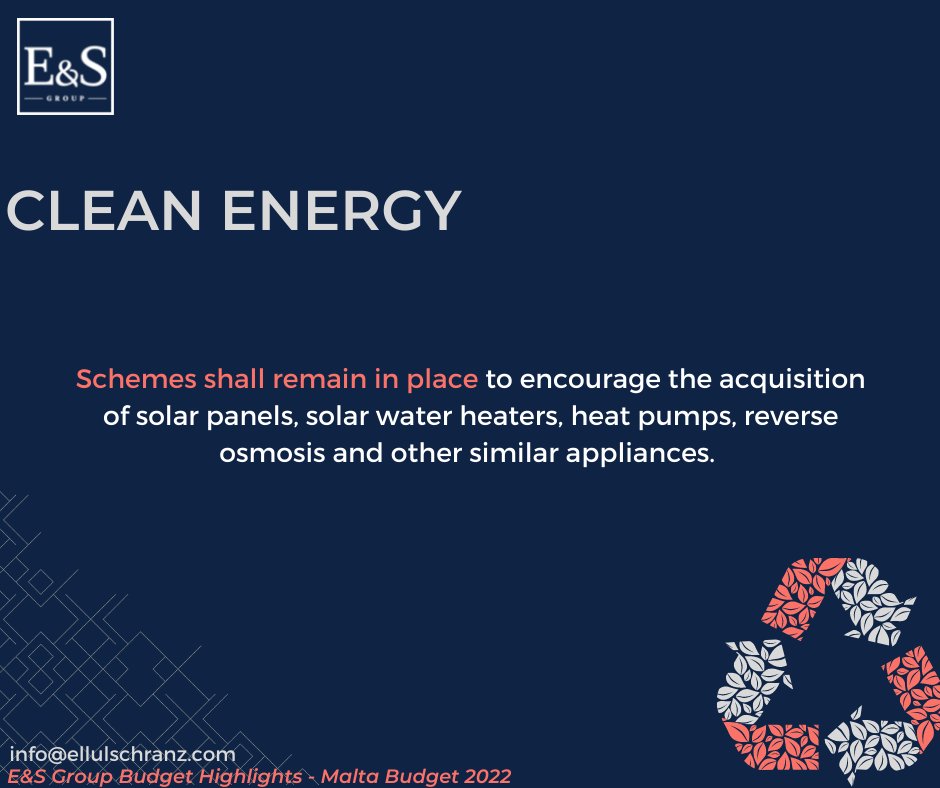 EllulSchranz's tweet photo. Main Budget Highlights: Clean Energy! 

#esgroup #solutionproviders #Budget2022🇲🇹 https://t.co/jto943ATmL