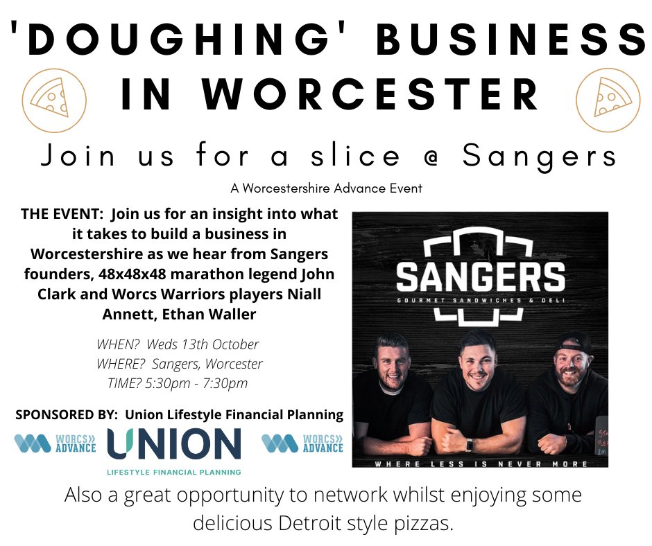 Doughing Business in Worcestershire - THIS WEDNESDAY!

Join us for a slice of pizza at <a href="/SangersDeli/">Sangers Deli</a> for an insight into what it takes to build a business in Worcestershire

Weds 13 October @ 17:30

Book your place: eventbrite.co.uk/e/doughing-bus…

#WorcestershireHour
