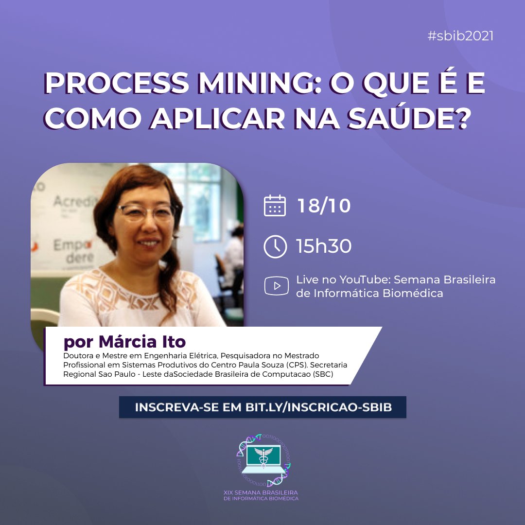 A XIX Semana Brasileira de Informática Biomédica será de 18 a 22/10, convido a todos a participar. A inscrição é gratuita. Irei apresentar uma palestra sobre Process Mining apresentando o tema e aplicações possíveis na área da saúde. Inscrição em: buff.ly/2YAE2eY