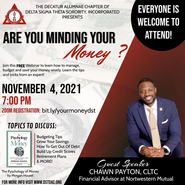 DSTDAC's tweet photo. Are you minding your money? Join this webinar to learn how to manage, budget and save your money wisely. Learn tips and tricks from, Chawn Payton, Financial Advisor at Northwestern Mutual.
November 4 at 7 pm
Register today at: https://t.co/GTD75mW0nb
#dstdac #moneymanagement https://t.co/t4YkvwjjMb
