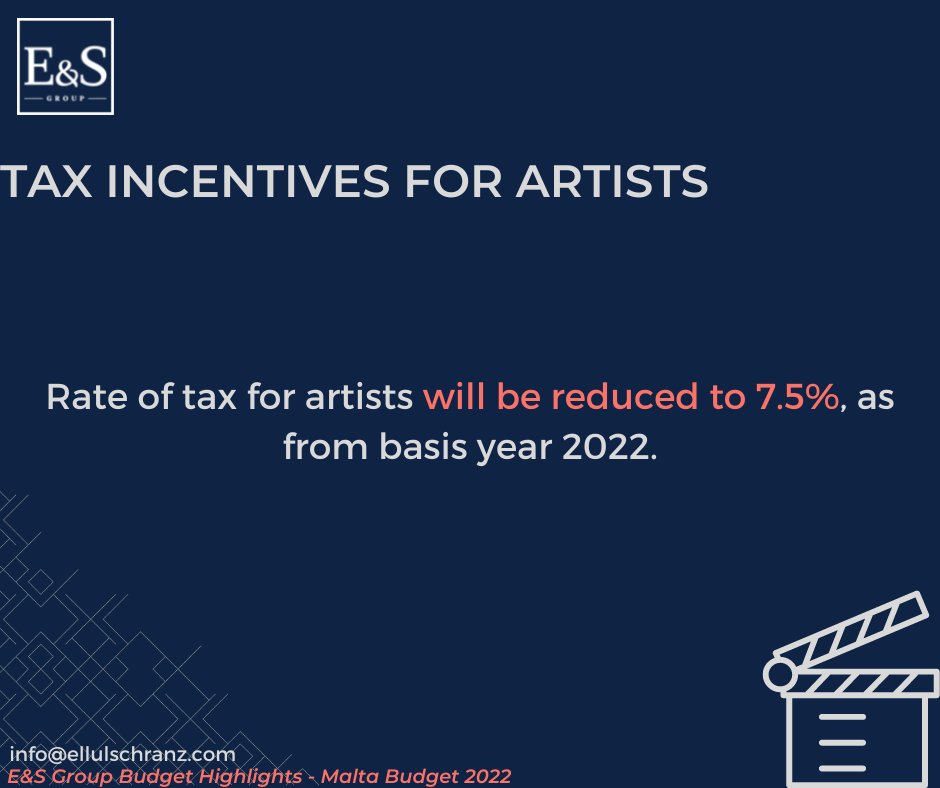 EllulSchranz's tweet photo. Main Budget Highlight: Tax Incentives for Artists! 

#esgroup #solutionproviders #Budget2022🇲🇹 https://t.co/RN6qxIBuu1
