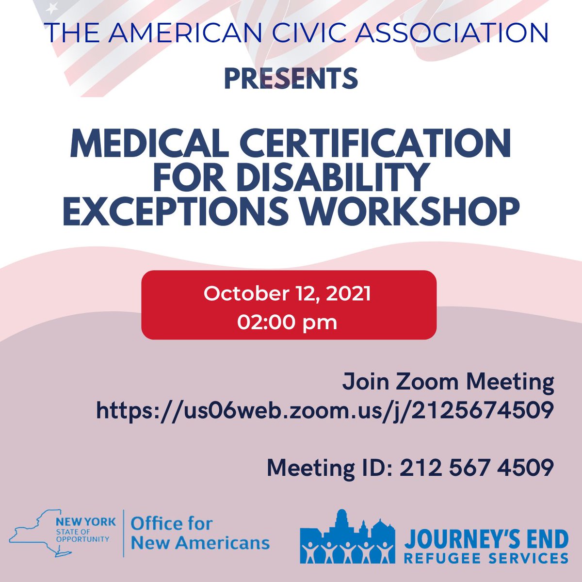 Please join us tomorrow, Tuesday, October 12, 2021 at 02:00 pm for an online legal workshop conducted by Journey's End Refugee Services' attorneys with valuable information via zoom zoom.us/j/98283344222