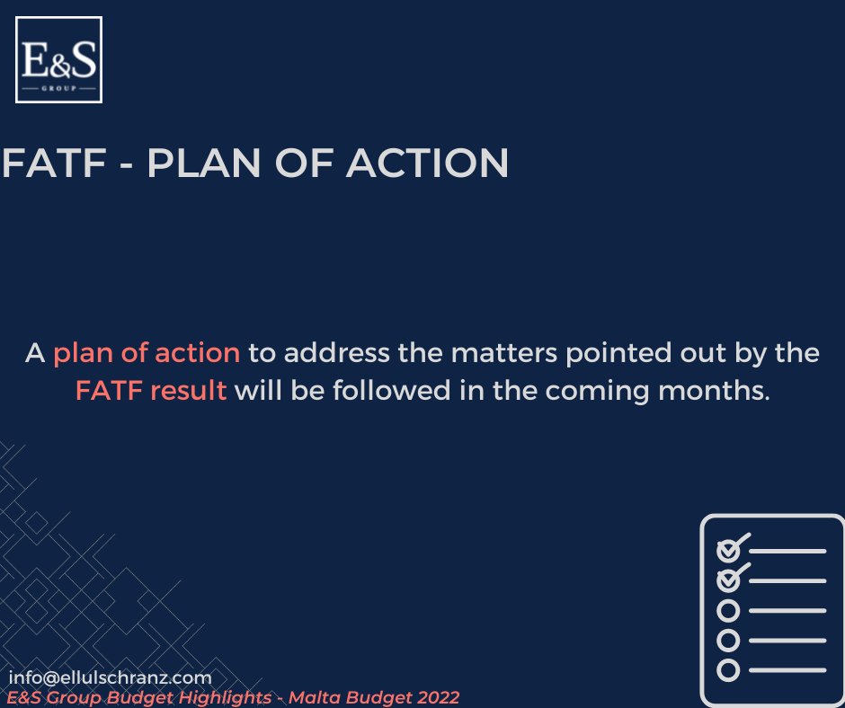EllulSchranz's tweet photo. Main Budget Highlights: FATF Plan of Action. 

#esgroup #solutionproviders #Budget2022🇲🇹 https://t.co/nSm7b0X9XG
