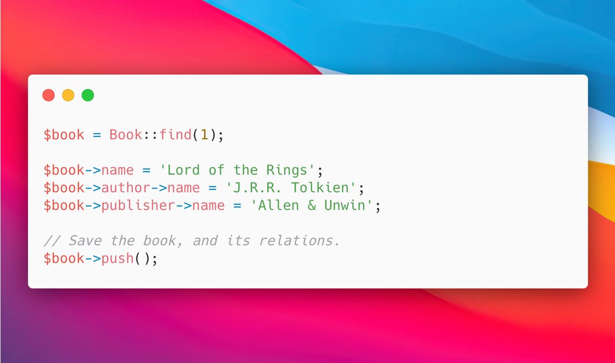 ste_bau's tweet image. Just learned about the "push" method in Laravel's Eloquent, allowing you to save a model, and all of its relations. Pretty cool! 🤙