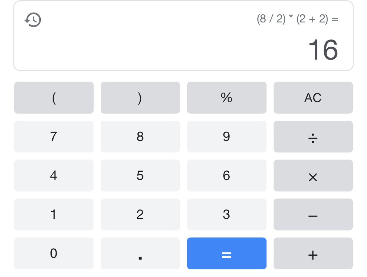 @sluttystefania Bracket 1st:
2+2 = 4 
Then division:
8/2 = 4 
Then multiplication:
4 x 4 = 16

if y’all get any other answer go back to school lmfao