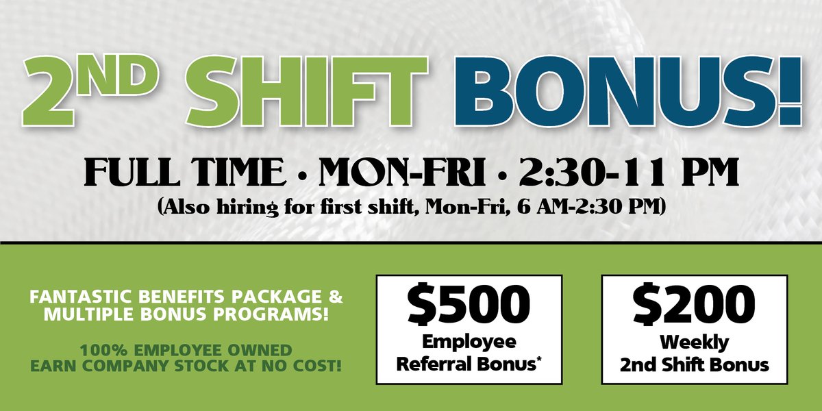 OsborneInd's tweet photo. #NowHiring at Osborne Industries! 2nd Shift BONUS program available for full time employees, Mon. through Fri., 2:30 to 11 p.m. #kansasjobs #helpwanted #employeeowned https://t.co/O1TVIdy8NE