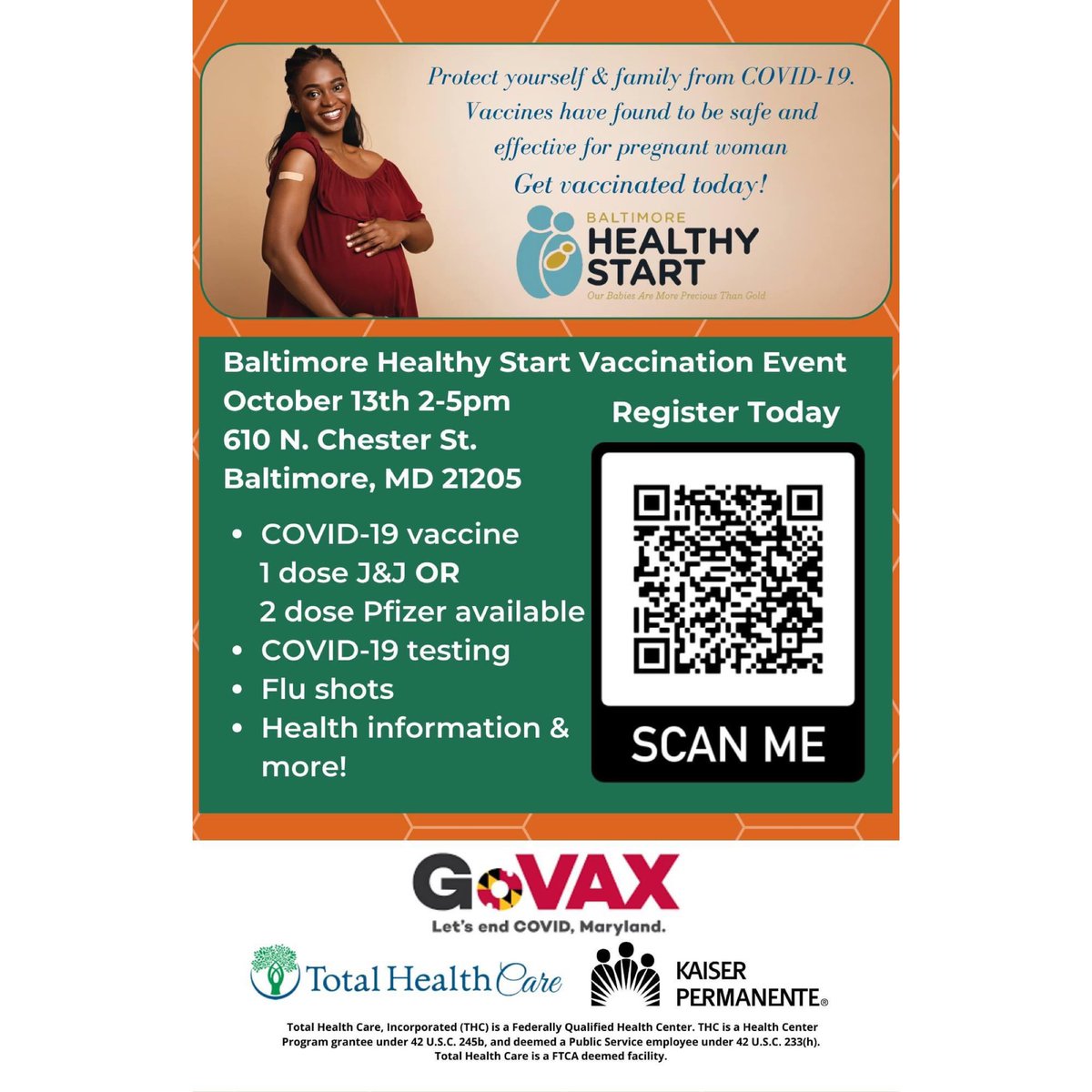 **THIS WEDNESDAY, 10/13!** BHS vaccine clinic Wed, Oct. 13th,2:00 pm-5:00 pm at: 610 N. Chester Street, Baltimore, MD 21205. Appointments and walk-ins are welcomed! In addition to COVID-19 vaccines (J&J and Pfizer) and flu shots, Pfizer boosters will be available.