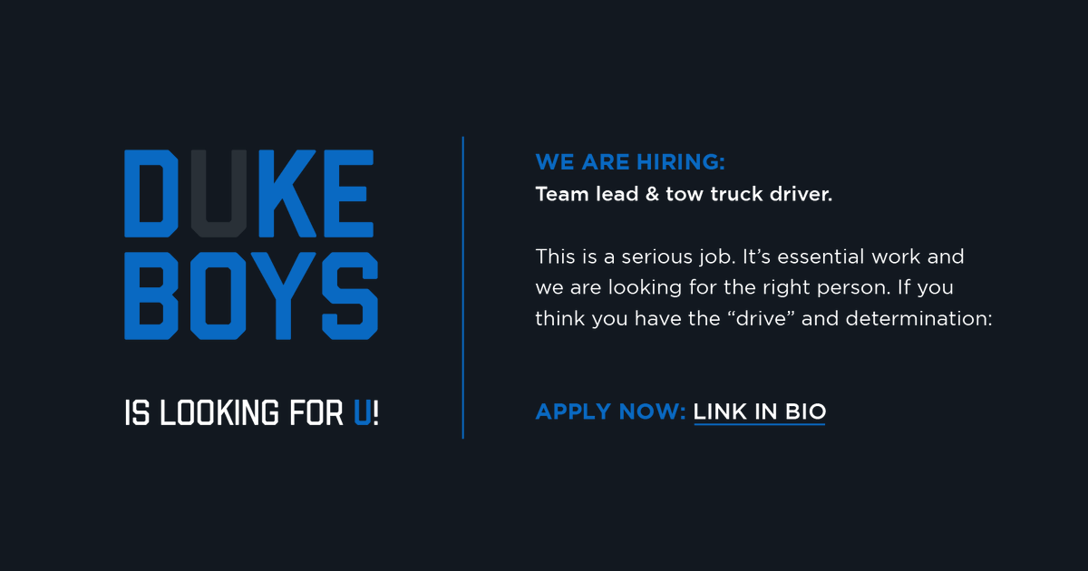 CallDukeBoys's tweet photo. Duke Boys is looking for U!

We've got a great team and a great job for the right person available now! We've also got an easy application process for U:
1) Stop by to apply!   
2) #callthedukeboys 218.722.8885
3) Email towduluth@gmail.com 
4) https://t.co/qq2nPHkxDV https://t.co/0xyG7UUgvs