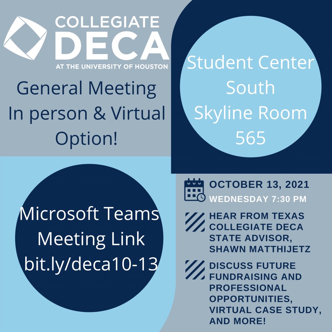 houstondeca's tweet photo. Our next general meeting is Wednesday! We will be hearing more about competitions and the DECA experience from Texas Collegiate DECA State Advisor, Shawn Matthijetz! https://t.co/83ZH8OfVB4